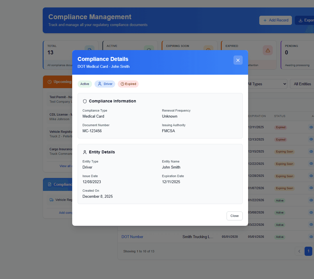 Document management table showing all compliance documents with status and expiration dates