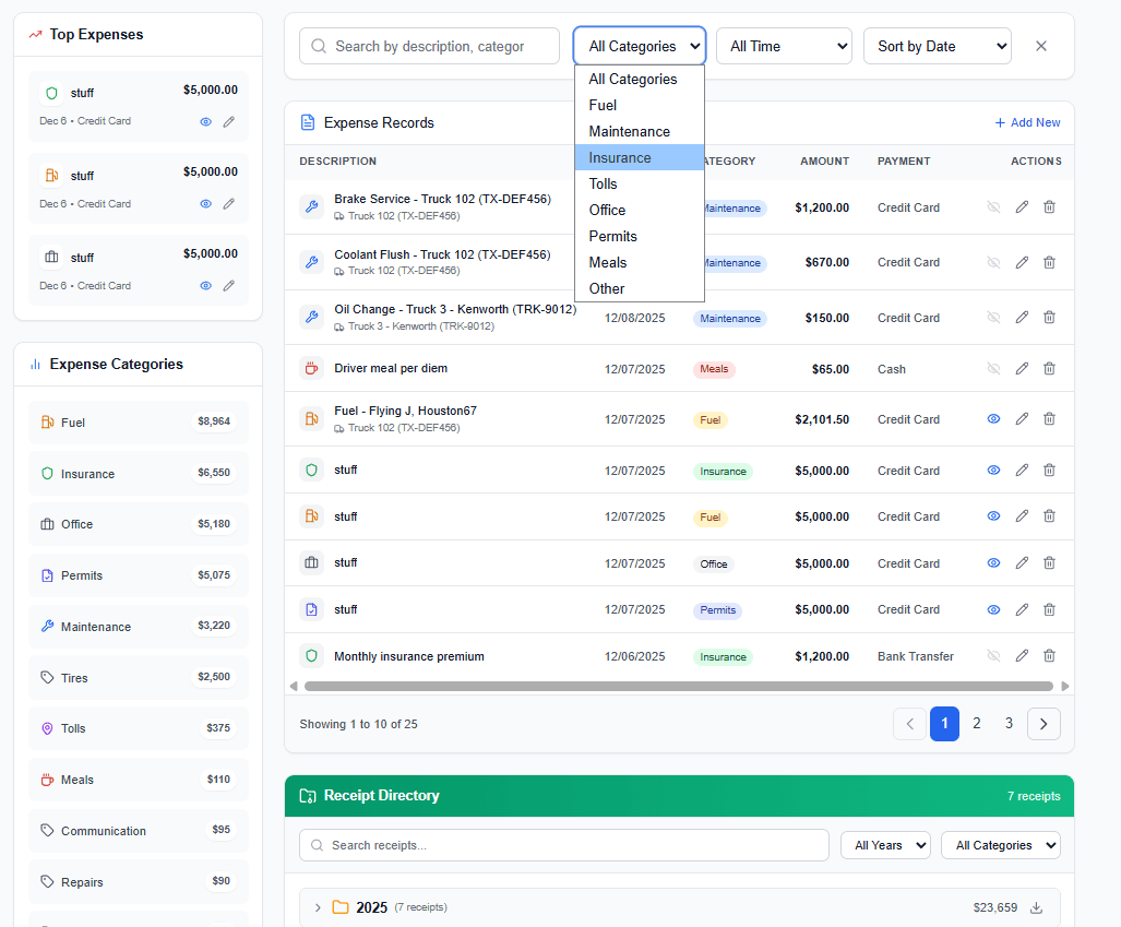 Expense list with filtering and search capabilities