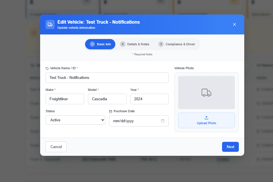 Vehicle detail view with comprehensive truck information