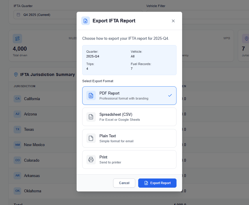 IFTA report export showing filing-ready quarterly summary