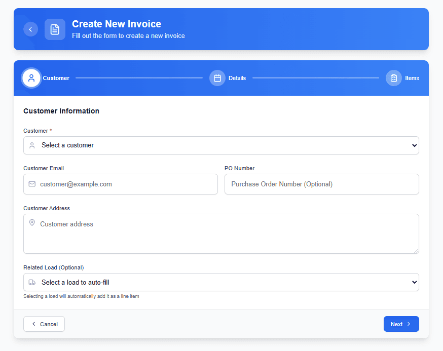 Invoice creation form with customer selection, line items, and automatic calculations