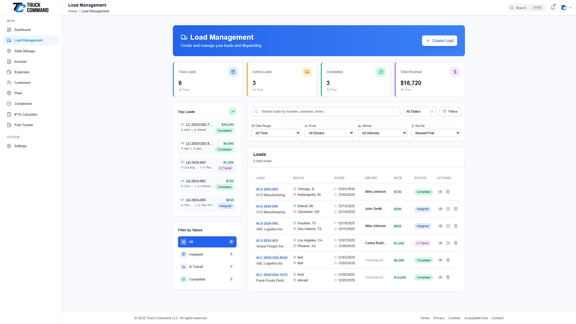 Load management dashboard showing fleet visibility and load tracking