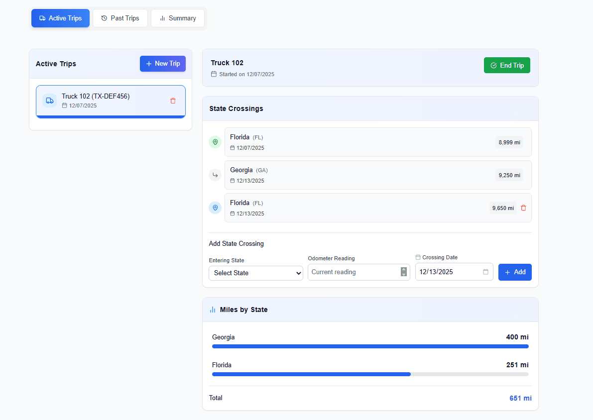 Mileage entries table with state-by-state breakdown