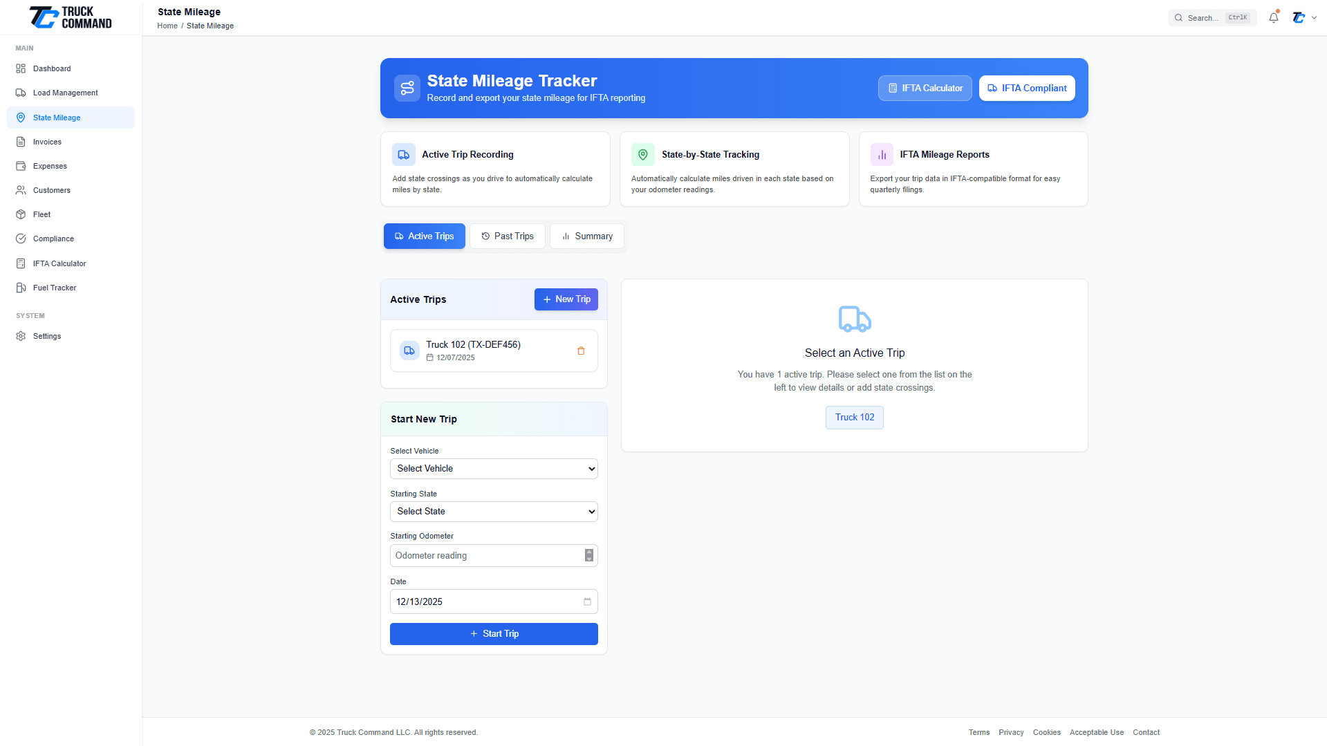State mileage dashboard showing miles tracked by jurisdiction